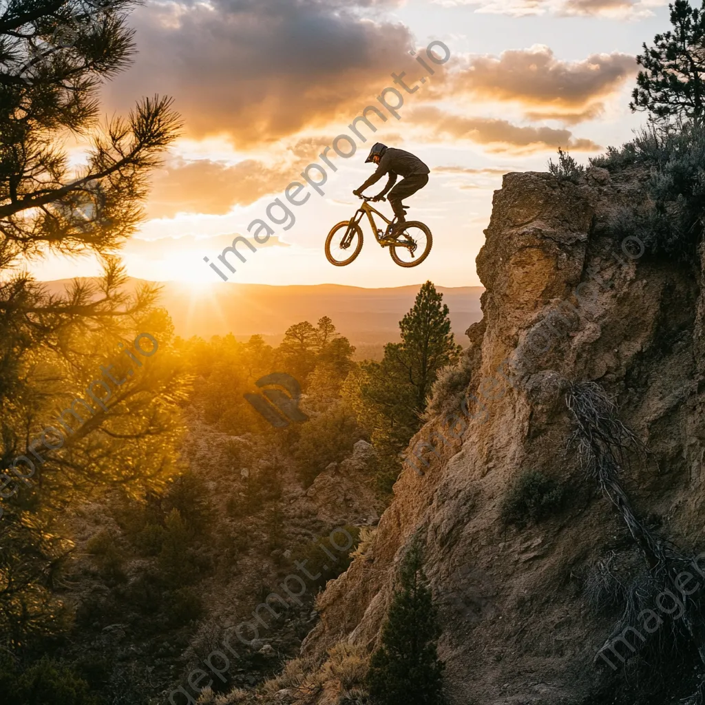 A mountain biker performing tricks in mid-air over rocks during sunset. - Image 2