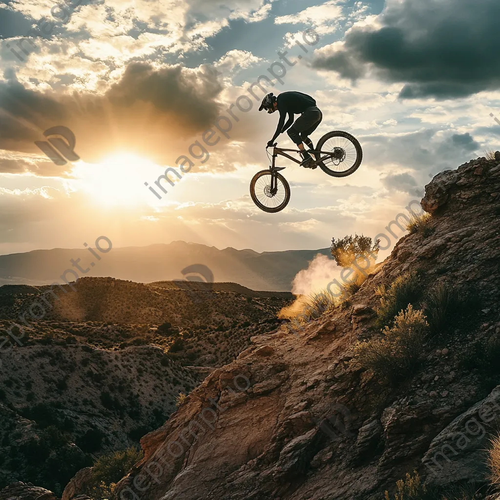 A mountain biker performing tricks in mid-air over rocks during sunset. - Image 3