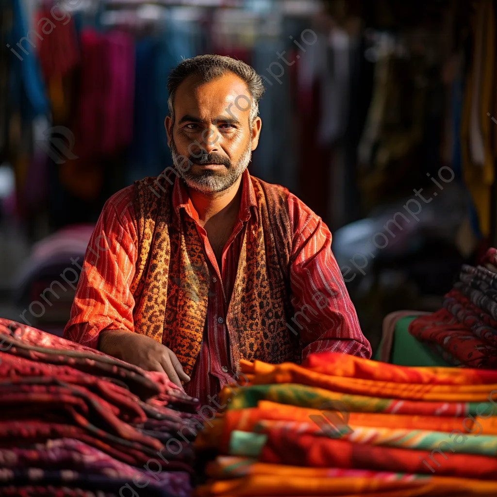 Vendor showcasing colorful traditional textiles in a crowded street bazaar, attracting curious customers. - Image 1