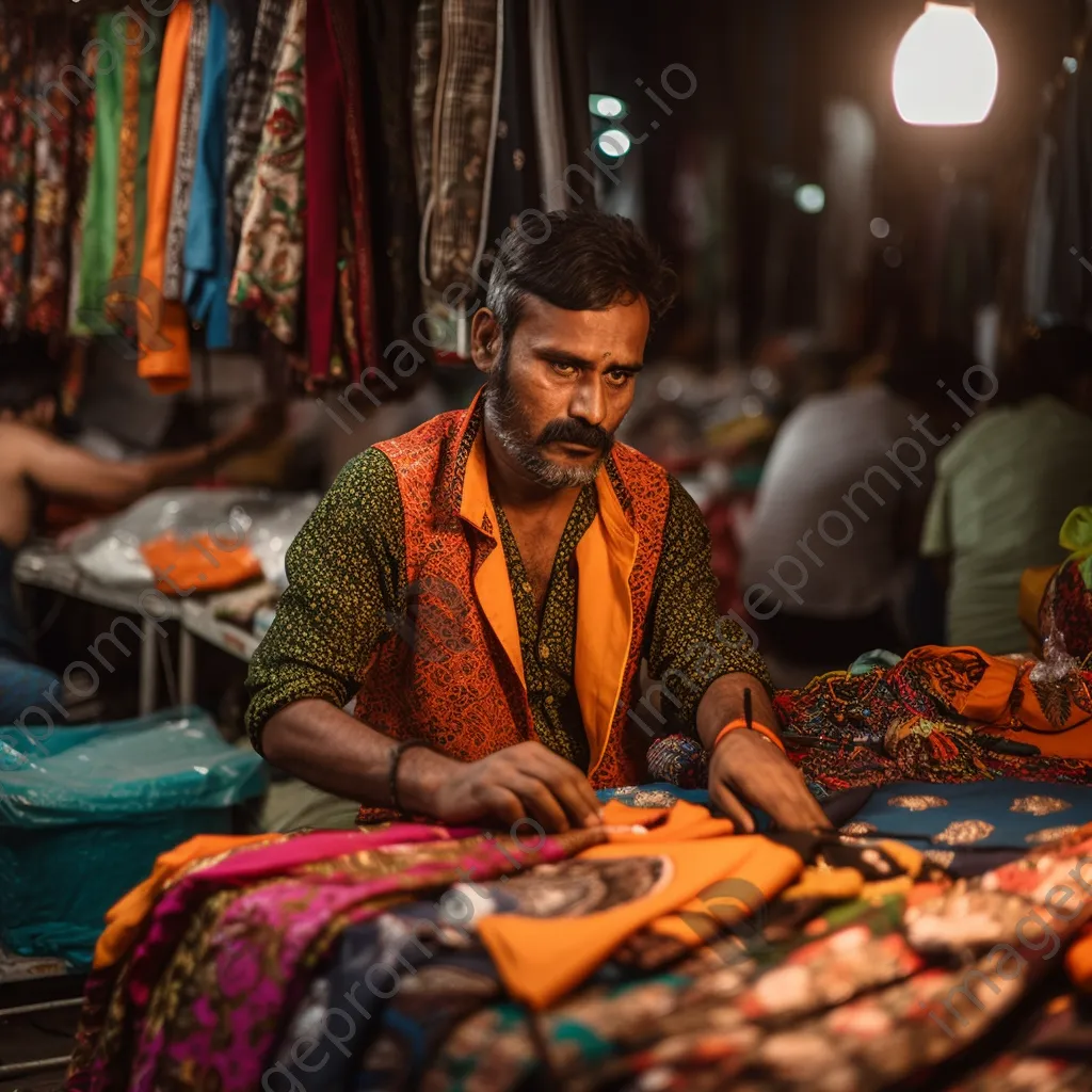 Vendor showcasing colorful traditional textiles in a crowded street bazaar, attracting curious customers. - Image 3