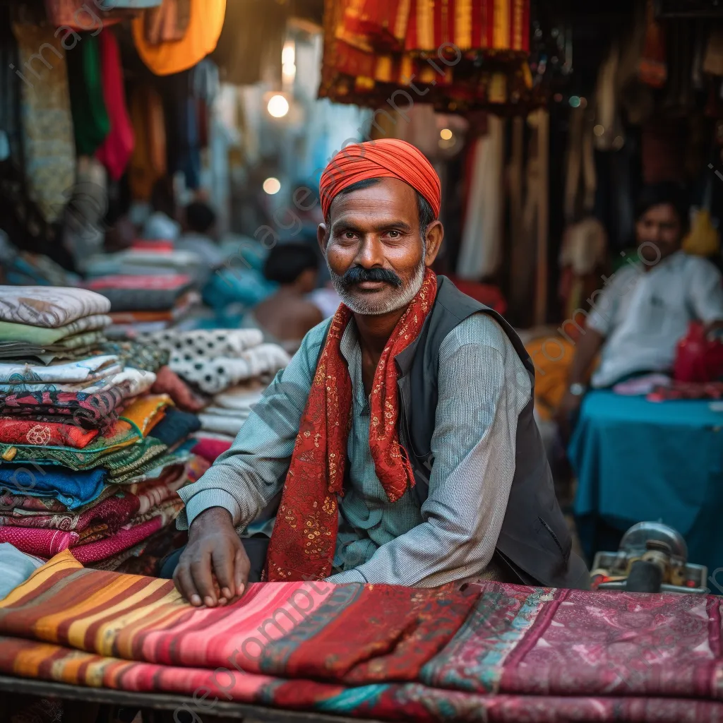 Vendor showcasing colorful traditional textiles in a crowded street bazaar, attracting curious customers. - Image 4