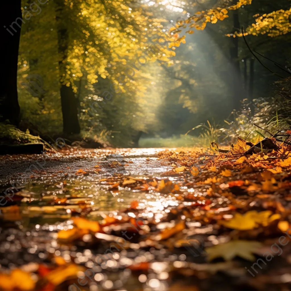 Autumn leaves illuminated by sunlight in a forest - Image 1