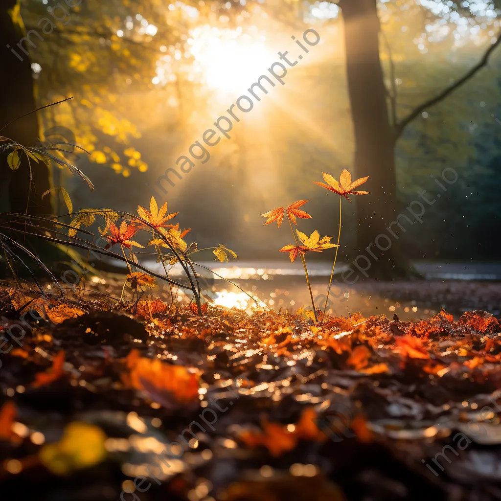 Autumn leaves illuminated by sunlight in a forest - Image 2