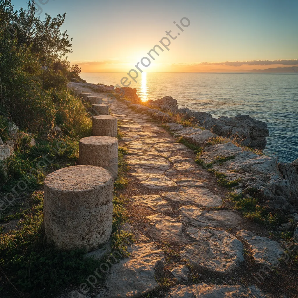 Ancient stone-marked pathway by the sea at golden hour - Image 1