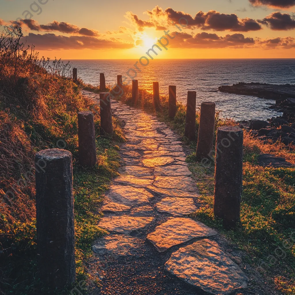 Ancient stone-marked pathway by the sea at golden hour - Image 2