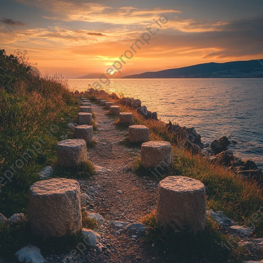 Ancient stone-marked pathway by the sea at golden hour - Image 3