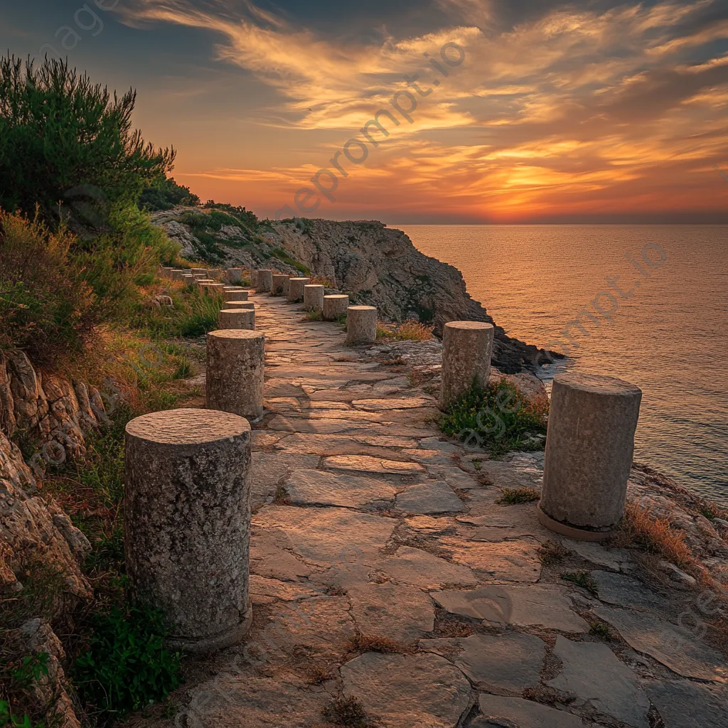 Ancient stone-marked pathway by the sea at golden hour - Image 4