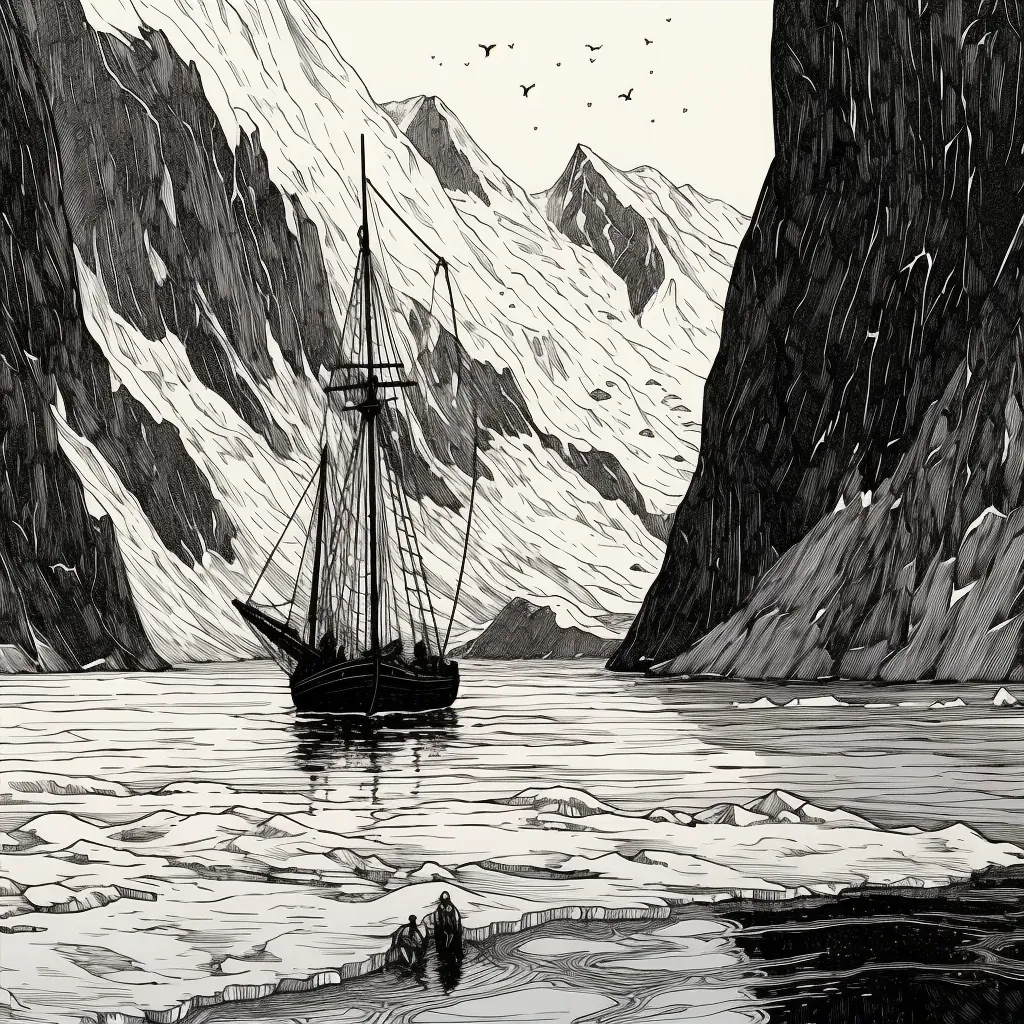 Image of a rustic sailboat navigating icy waters with towering glaciers - Image 1