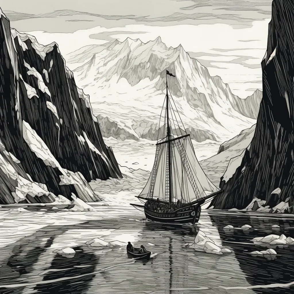 Image of a rustic sailboat navigating icy waters with towering glaciers - Image 2