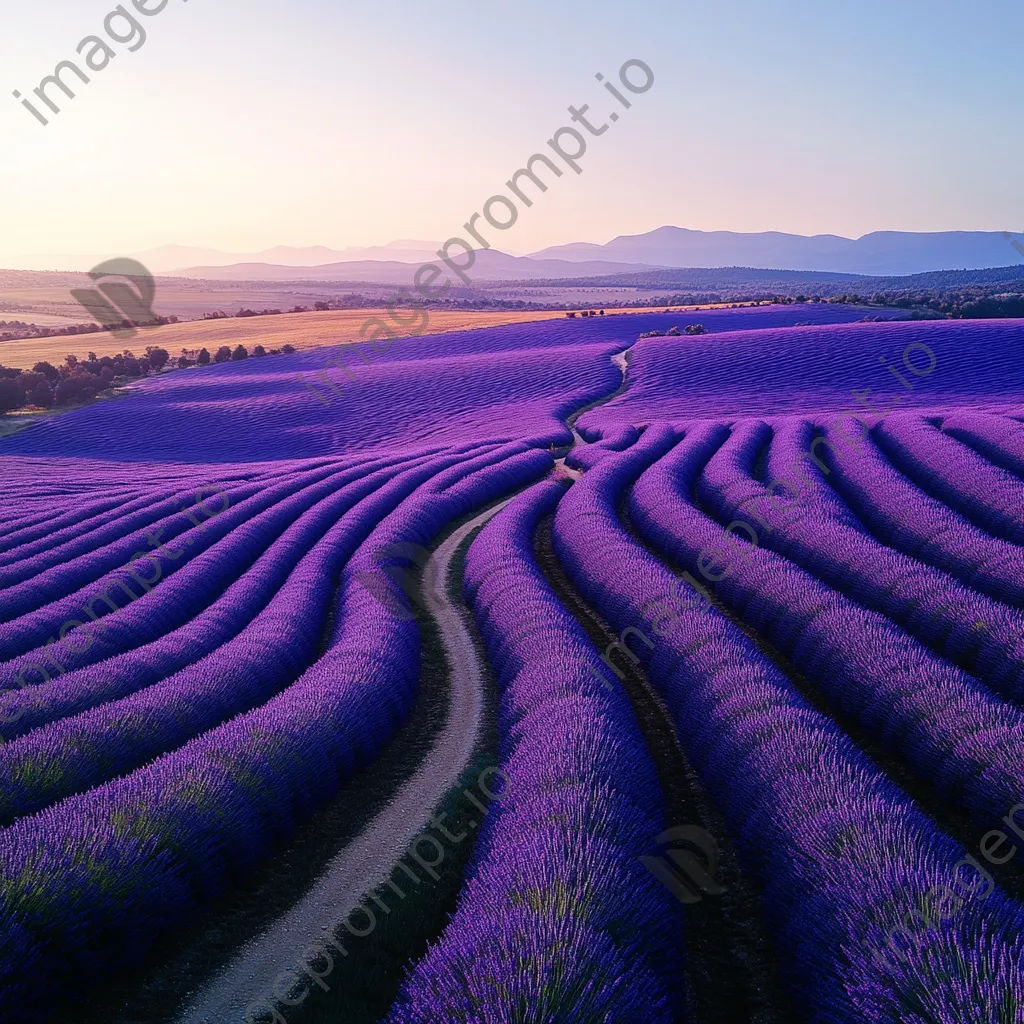 Aerial shot of lavender fields with a path in the middle. - Image 1