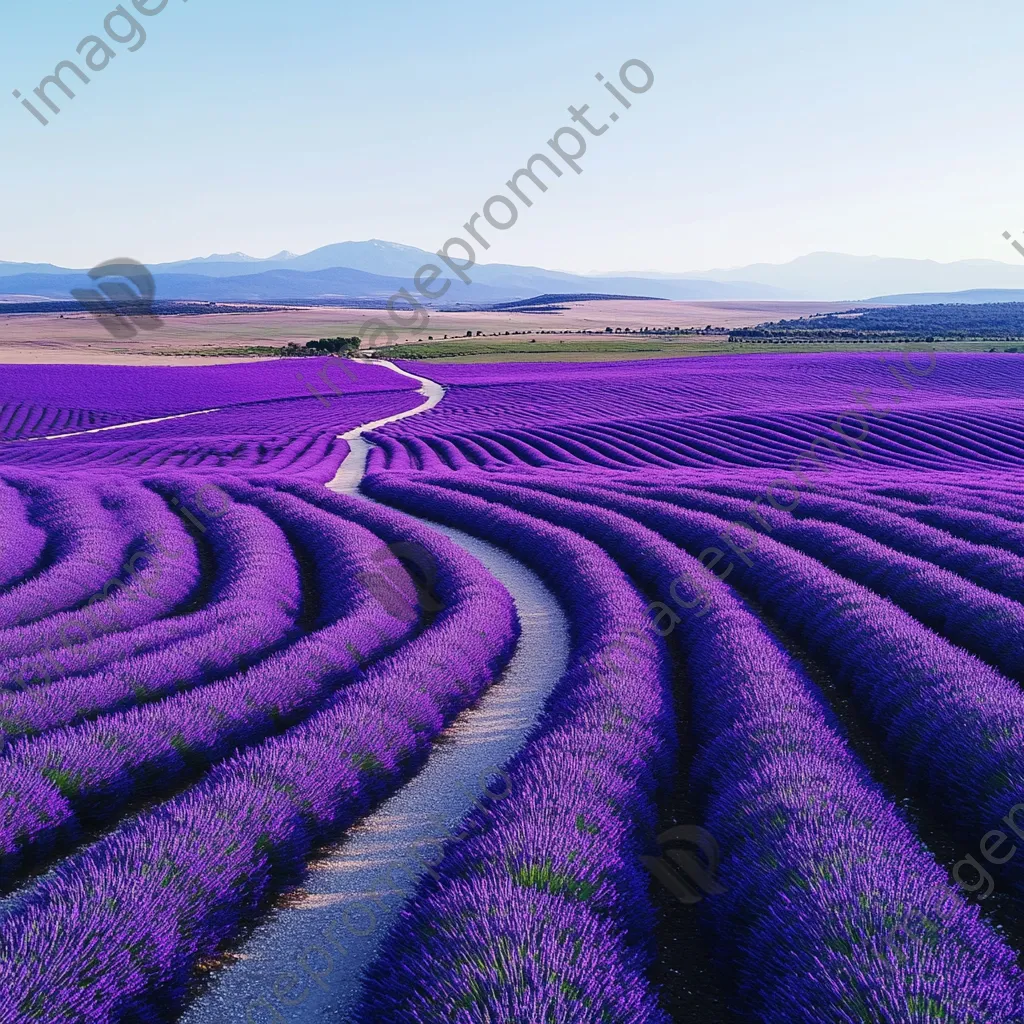 Aerial shot of lavender fields with a path in the middle. - Image 2