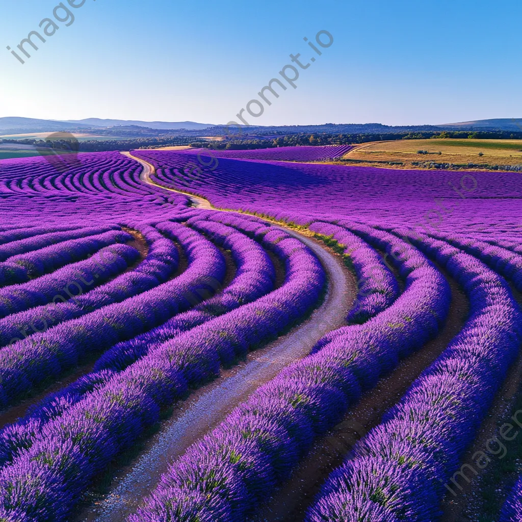 Aerial shot of lavender fields with a path in the middle. - Image 3