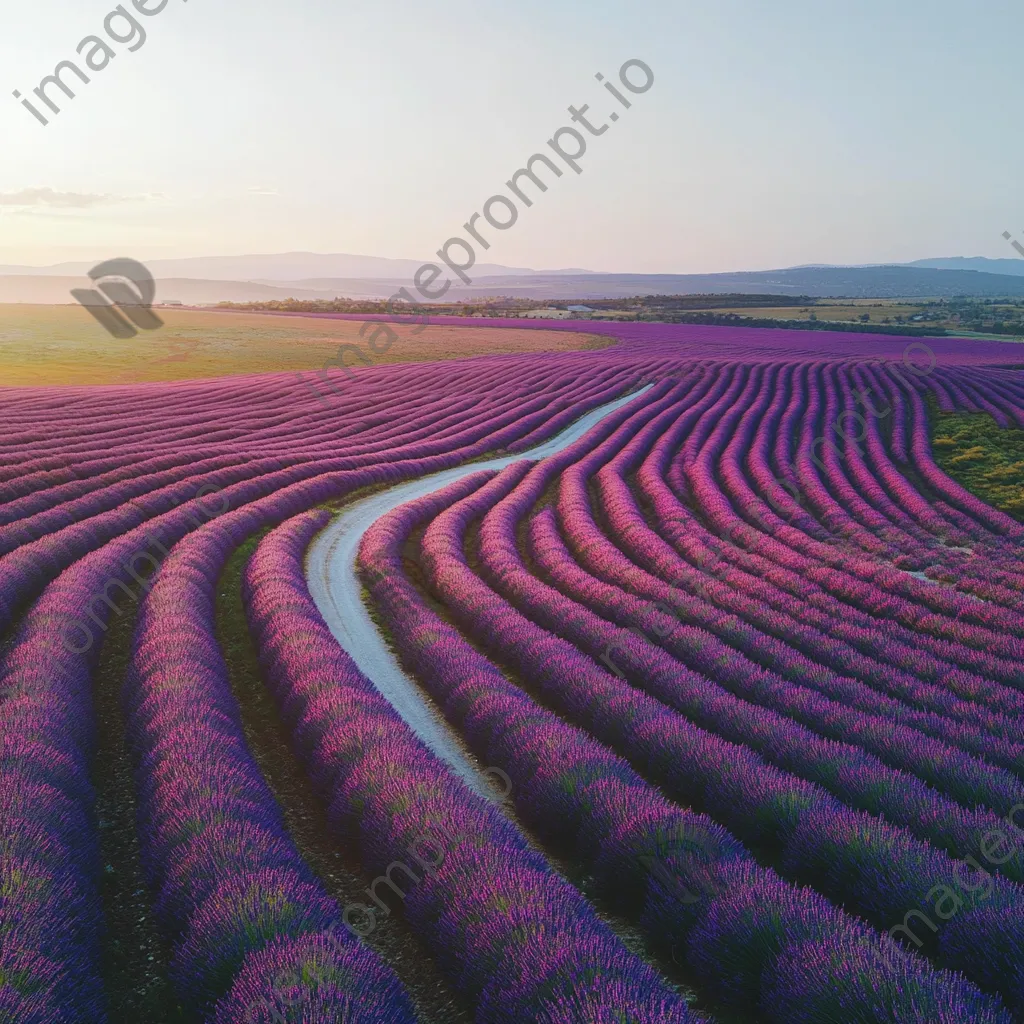 Aerial shot of lavender fields with a path in the middle. - Image 4