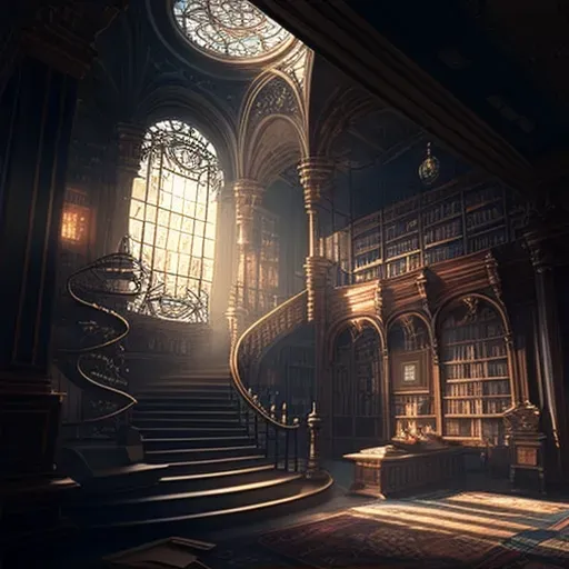 Grand library with towering bookshelves, a spiral staircase, and a large stained glass window casting a soft, warm light - Image 2