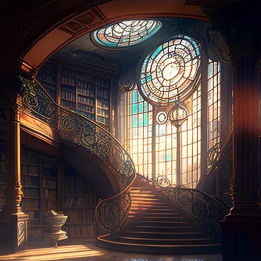 Grand library with towering bookshelves, a spiral staircase, and a large stained glass window casting a soft, warm light - Image 4