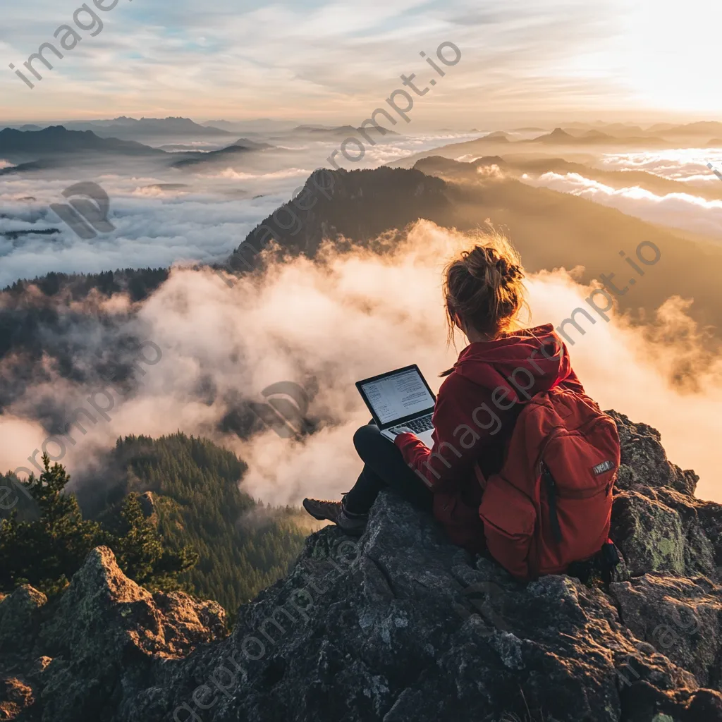 Freelancer typing on laptop at mountain summit - Image 1