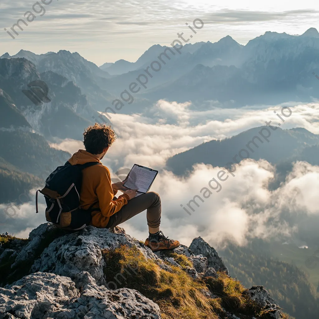 Freelancer typing on laptop at mountain summit - Image 2