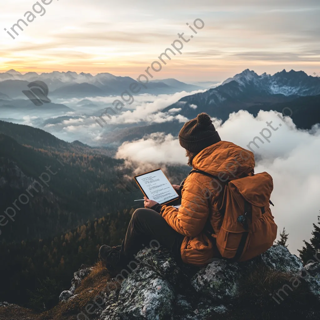 Freelancer typing on laptop at mountain summit - Image 3