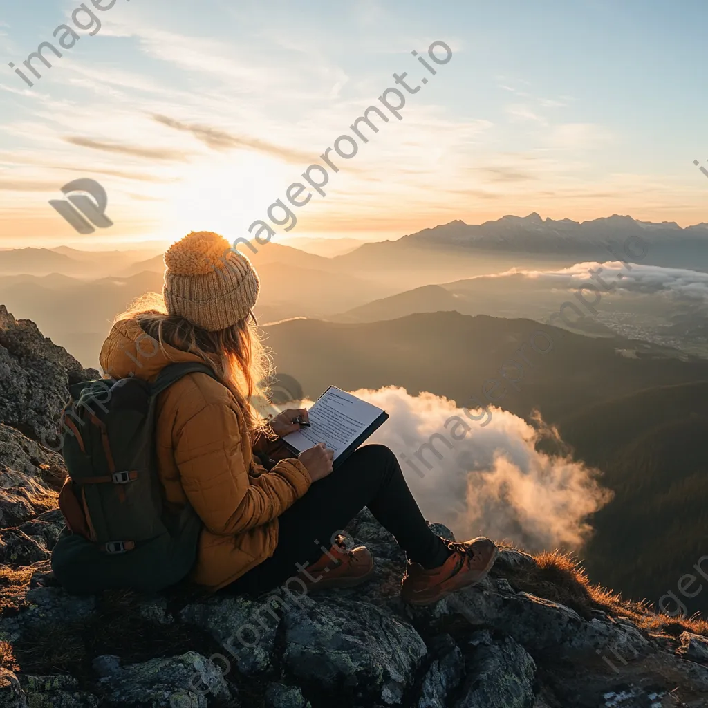 Freelancer typing on laptop at mountain summit - Image 4