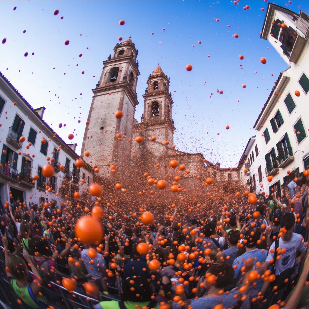 Image of a lively festival where people are throwing tomatoes in a crowded square - Image 3