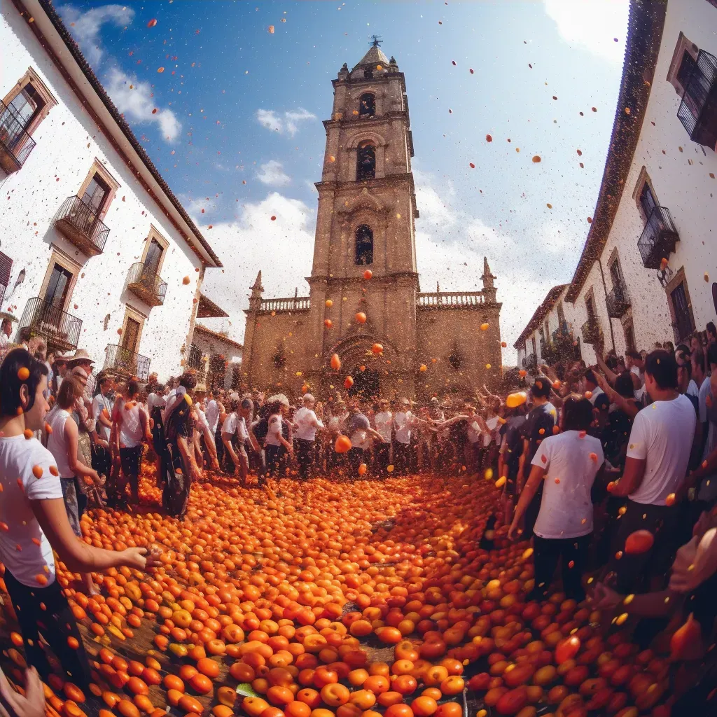 Image of a lively festival where people are throwing tomatoes in a crowded square - Image 4