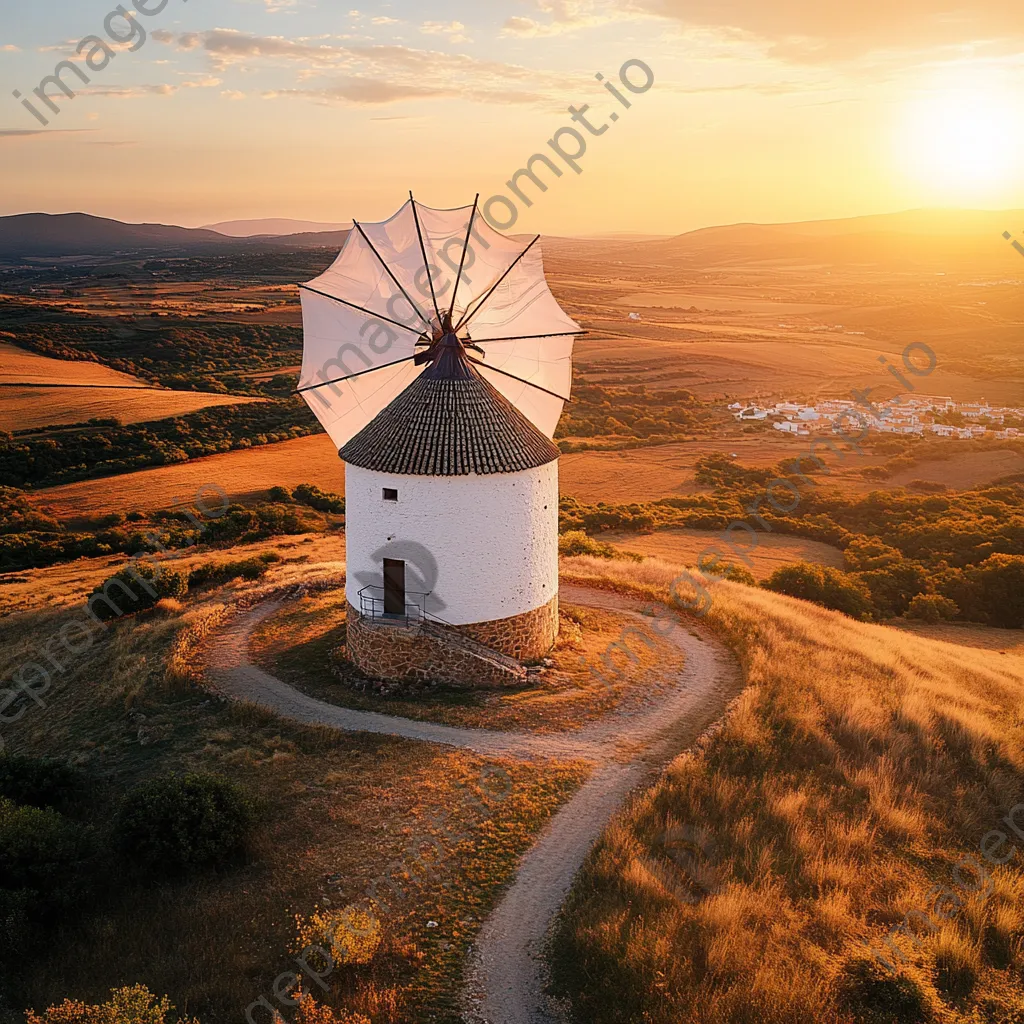 Historic Spanish windmill at sunset with rolling hills - Image 1