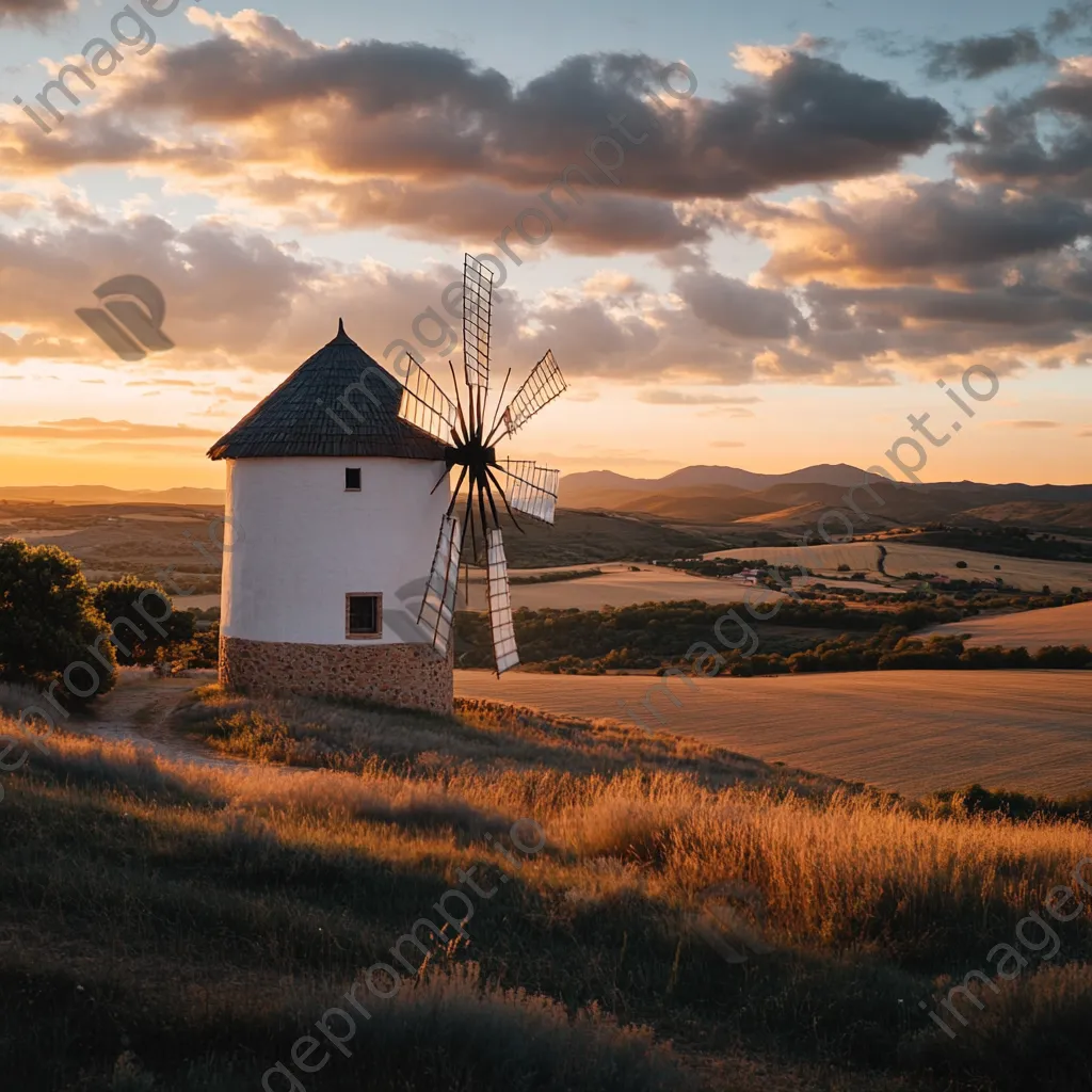 Historic Spanish windmill at sunset with rolling hills - Image 2