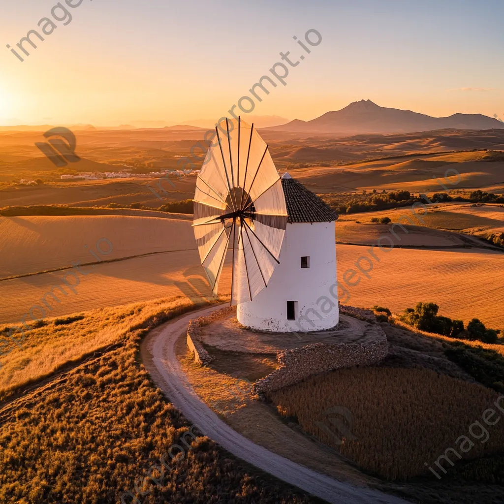 Historic Spanish windmill at sunset with rolling hills - Image 3