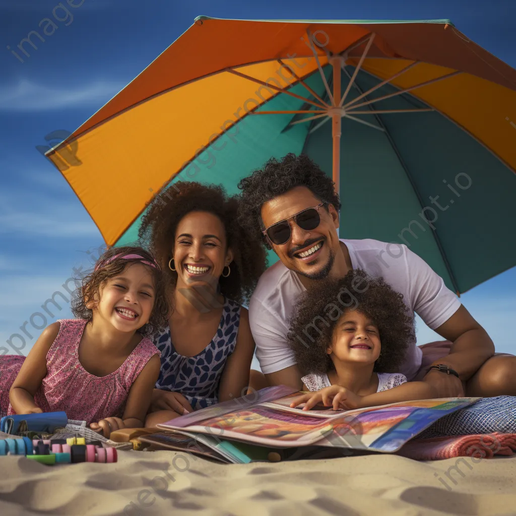 Family lounging on beach towels under colorful umbrellas, enjoying snacks and books. - Image 1