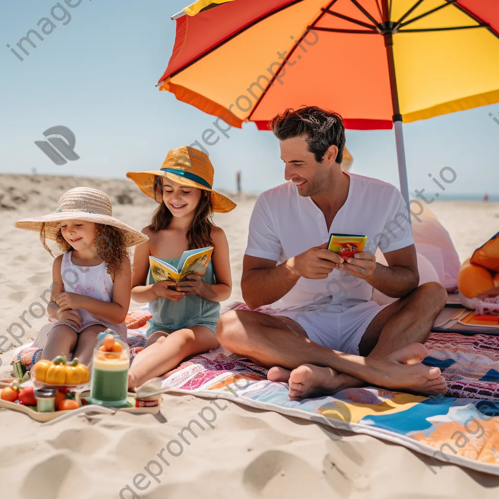 Family lounging on beach towels under colorful umbrellas, enjoying snacks and books. - Image 3