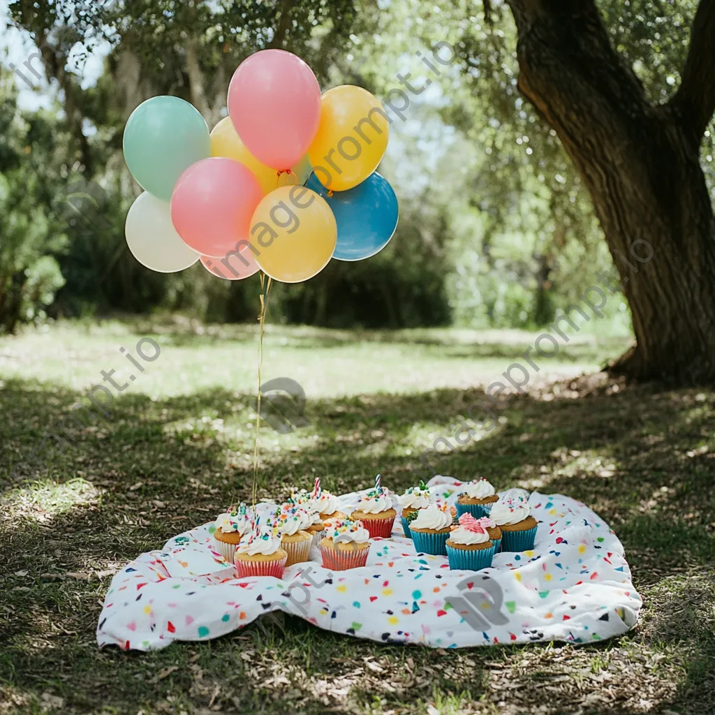 A charming birthday picnic setup with balloons and cupcakes under a tree. - Image 1