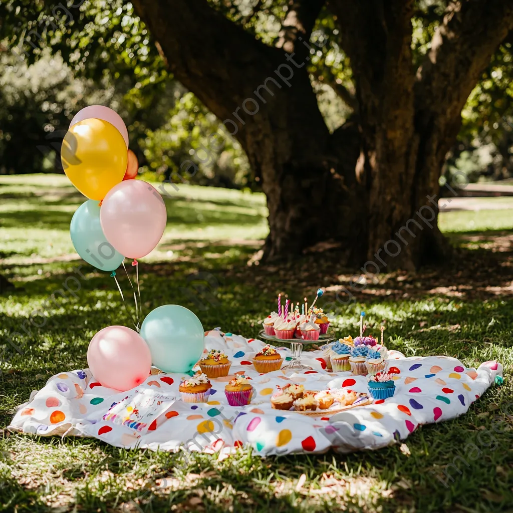 A charming birthday picnic setup with balloons and cupcakes under a tree. - Image 2