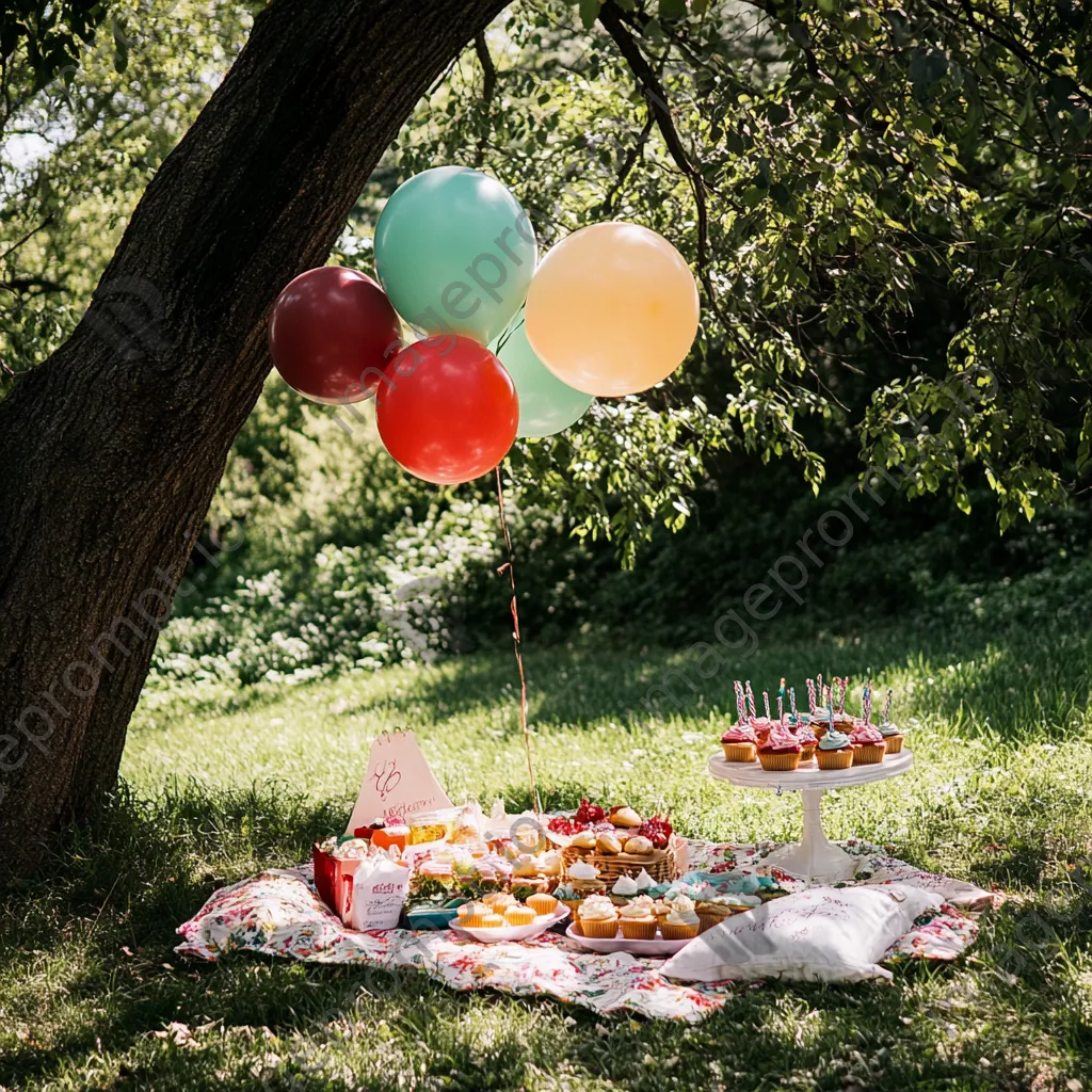 A charming birthday picnic setup with balloons and cupcakes under a tree. - Image 3