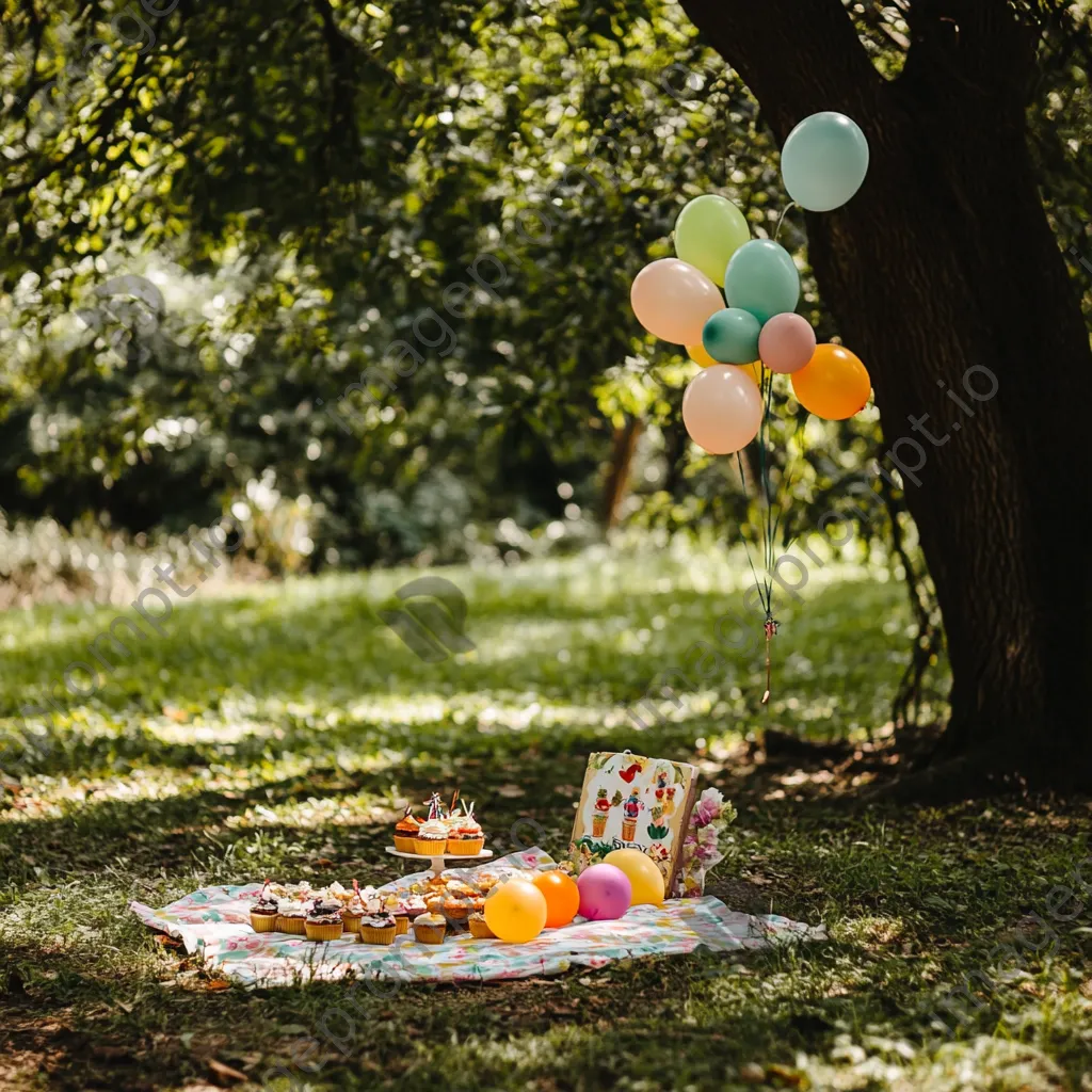 A charming birthday picnic setup with balloons and cupcakes under a tree. - Image 4