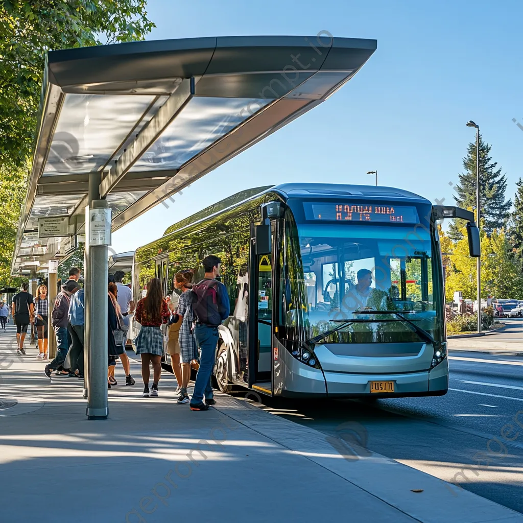 Diverse group of passengers boarding a modern electric bus at a bus stop. - Image 1