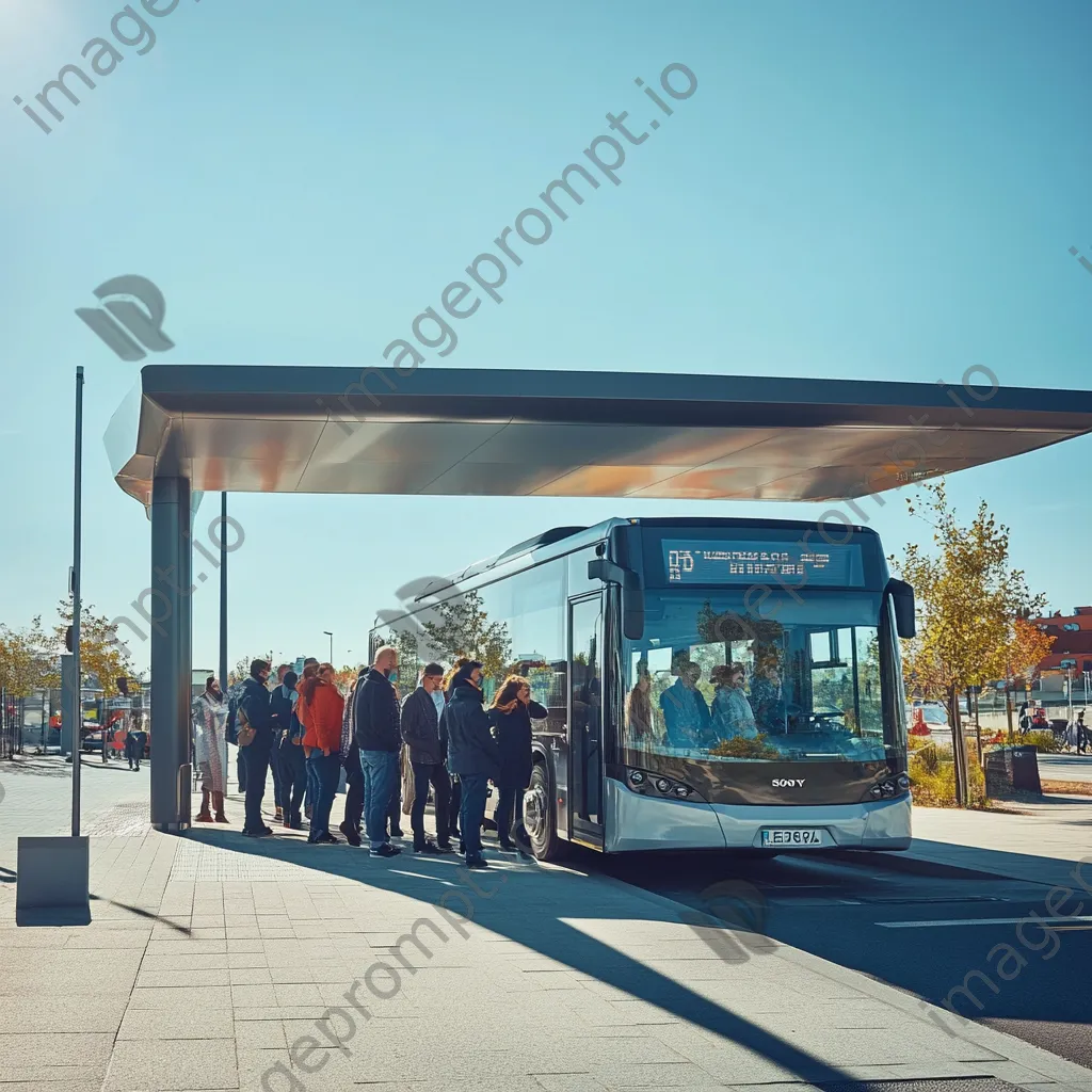 Diverse group of passengers boarding a modern electric bus at a bus stop. - Image 2