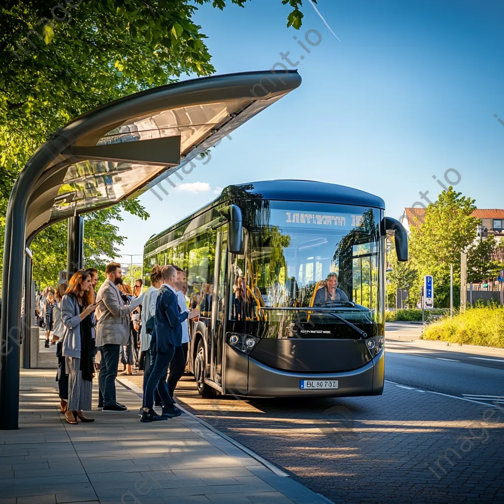 Diverse group of passengers boarding a modern electric bus at a bus stop. - Image 4