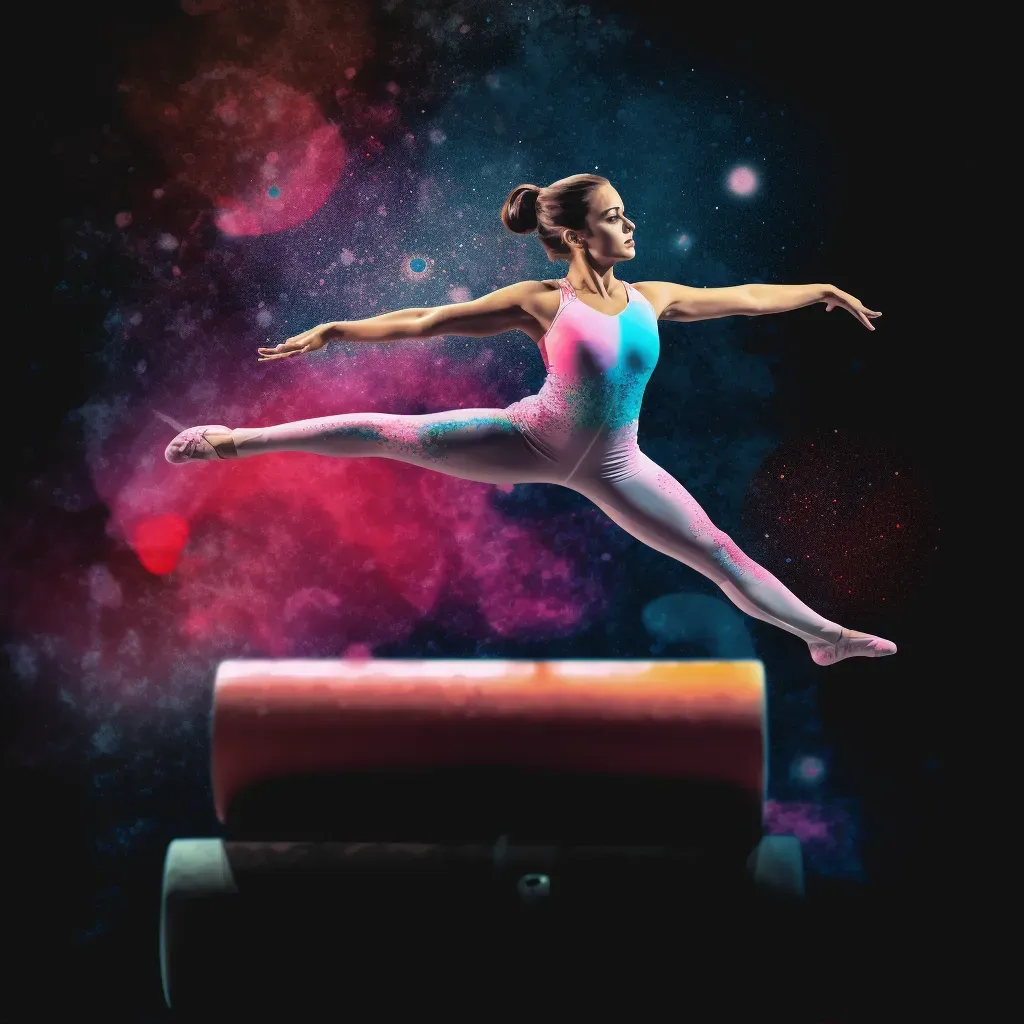 Gymnast performing gracefully on the balance beam with colorful venue backdrop - Image 2