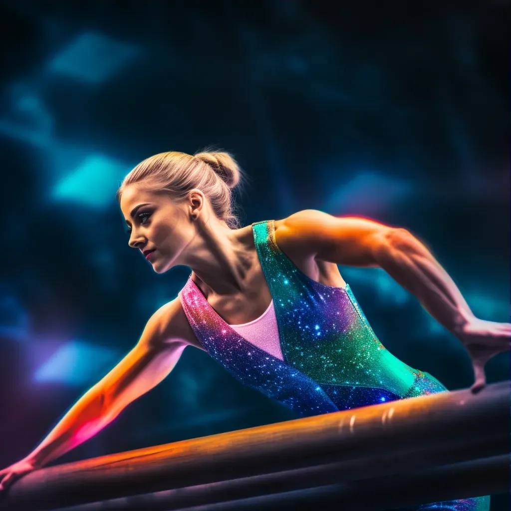 Gymnast performing gracefully on the balance beam with colorful venue backdrop - Image 3