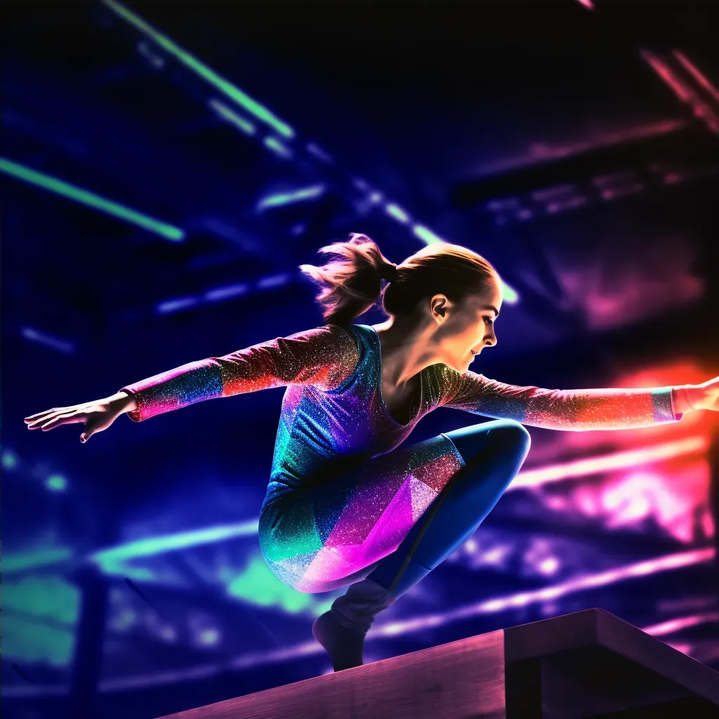 Gymnast performing gracefully on the balance beam with colorful venue backdrop - Image 4