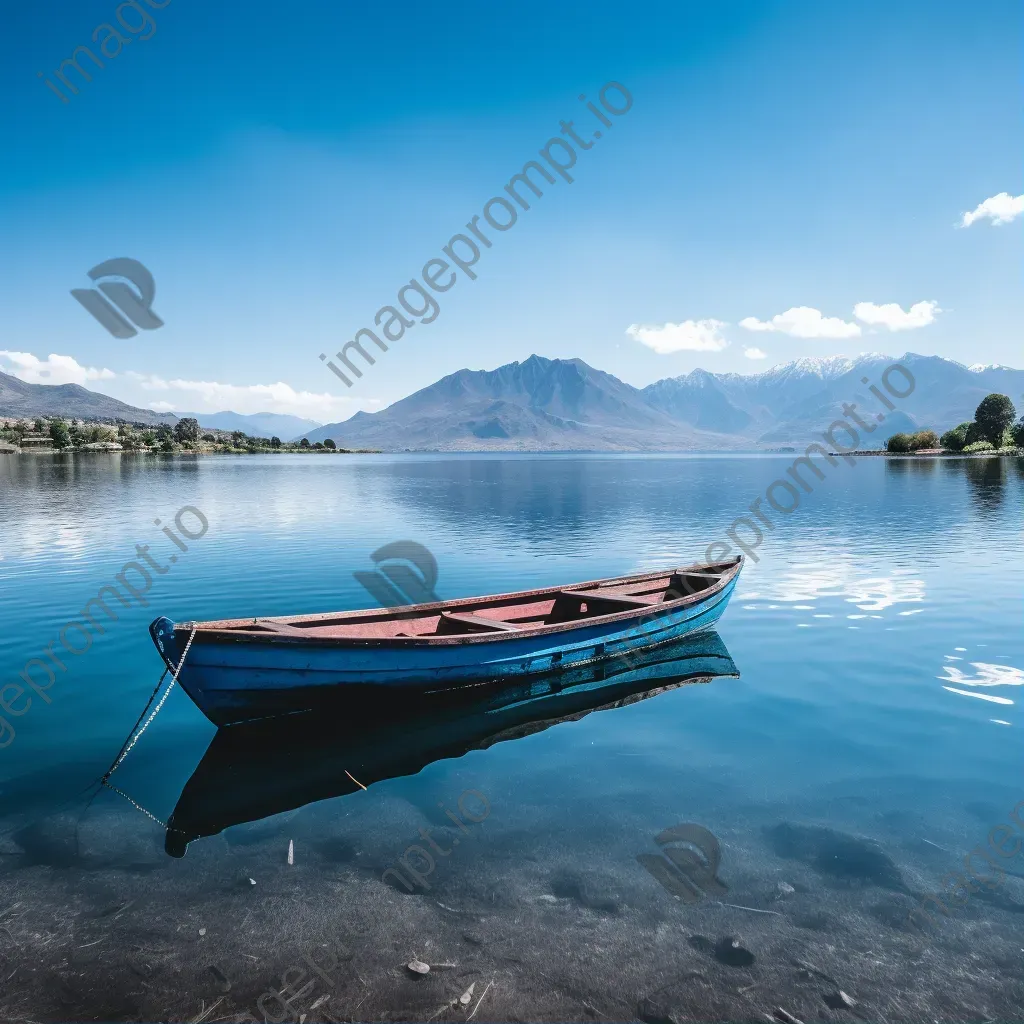 Lonely boat floating on a calm lake with mountains in the background - Image 1