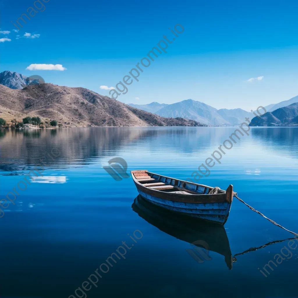 Lonely boat floating on a calm lake with mountains in the background - Image 2