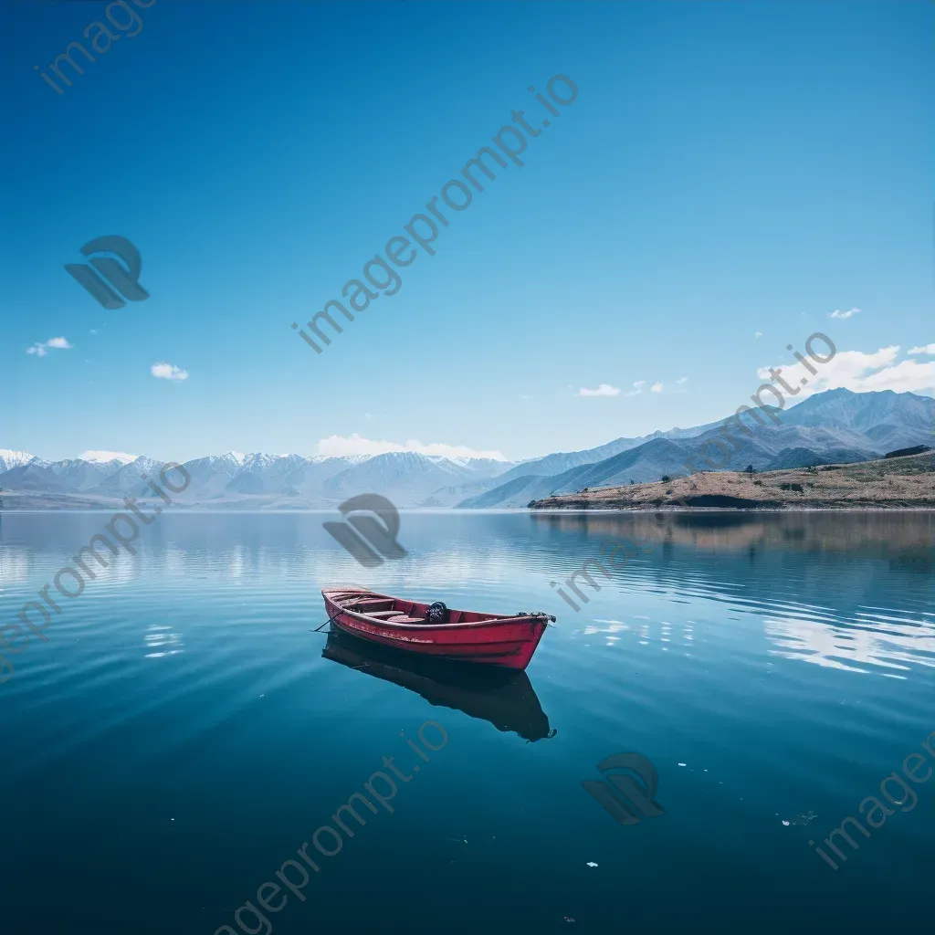 Lonely boat floating on a calm lake with mountains in the background - Image 3