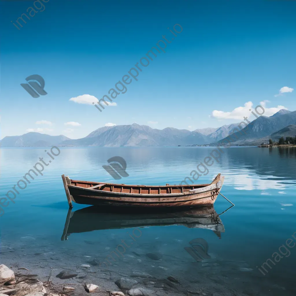 Lonely boat floating on a calm lake with mountains in the background - Image 4