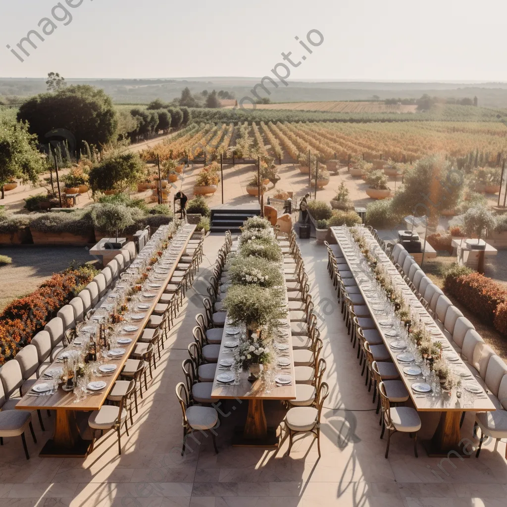 Aerial view of a vineyard wedding setup - Image 1