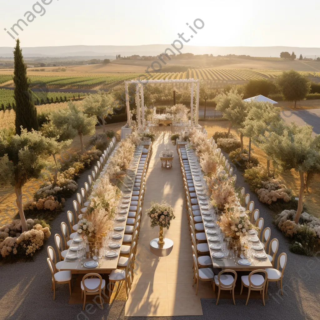 Aerial view of a vineyard wedding setup - Image 4