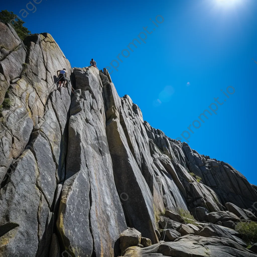 Climbers ascending a granite rock wall with a clear blue sky. - Image 1