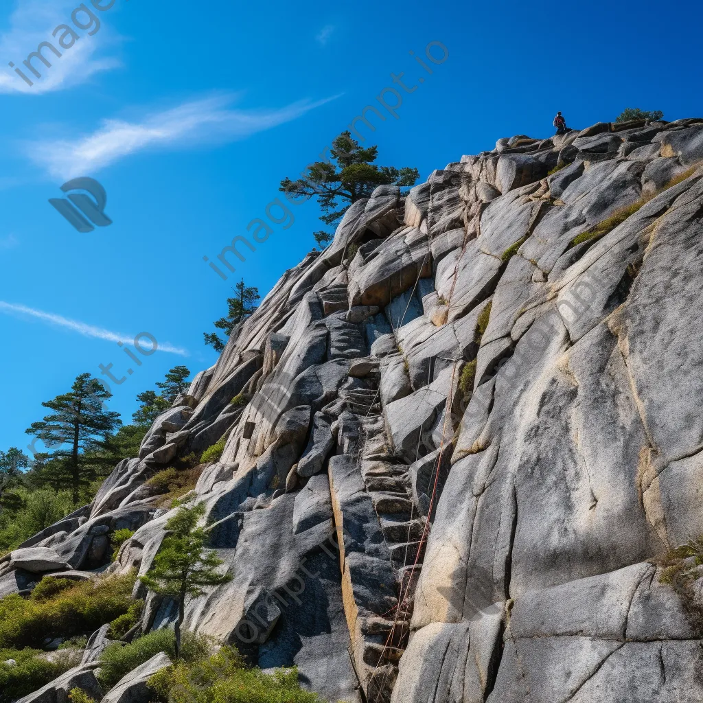 Climbers ascending a granite rock wall with a clear blue sky. - Image 2