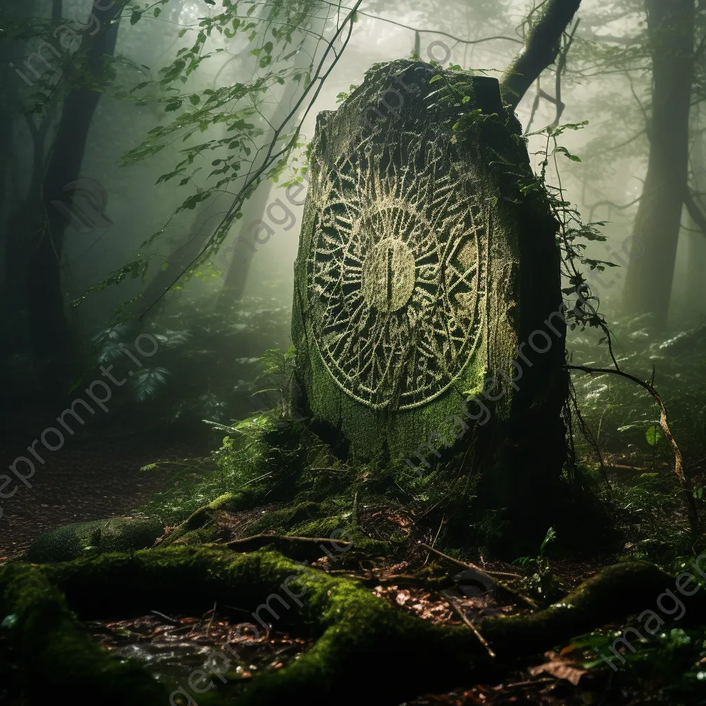 Ancient tree stump covered with ivy and runes in a misty forest - Image 1