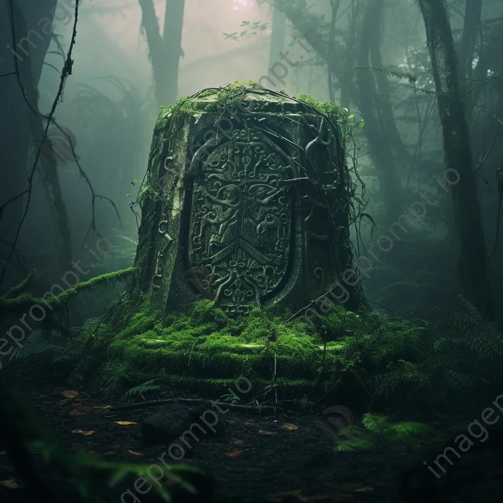 Ancient tree stump covered with ivy and runes in a misty forest - Image 2